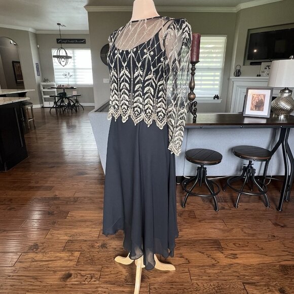 Vtg Cachet by Bari Protas Black Evening Gown Size 11/12 Gold Embroidered Sheer - Picture 5 of 16